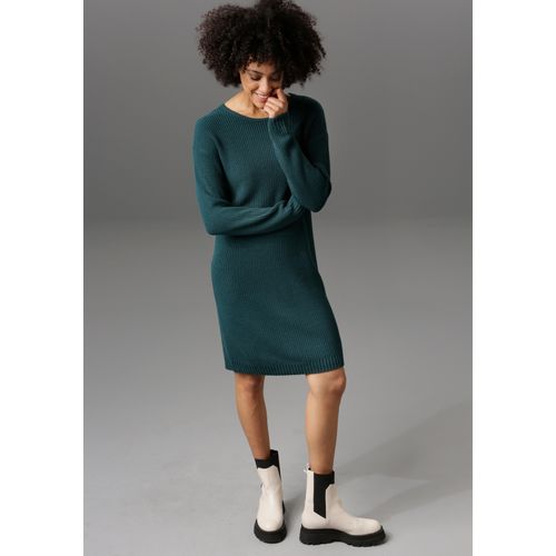 Strickkleid ANISTON CASUAL, Damen, Gr. 38, N-Gr, blau (petrol), Grobstrick, Obermaterial: 50% Baumwolle, 50% Polyacryl, unifarben, modisch, figurumspielend kniefrei, Rundhals, Langarm Rippstrickbündchen, Kleider, mit Rundhals-Ausschnitt