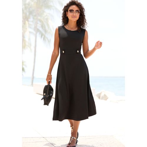 Midikleid LASCANA, Damen, Gr. 46, N-Gr, schwarz, Jersey, Obermaterial: 95% Polyester, 5% Elasthan, unifarben, modisch, figurumspielend kniebedeckend, Rundhals, ohne Ärmel, Kleider, mit dekorativen Riegeln und goldenen Zierknöpfen, bügelfrei, Topseller