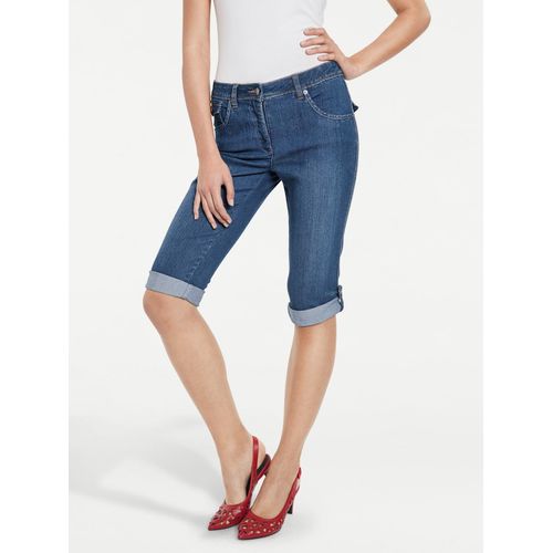 Caprijeans HEINE, Damen, Gr. 38, Normalgrößen, blau (blau stone), 76% Baumwolle, 16% Polyester, 7% Viskose, 1% Elasthan, unifarben, knielang, Jeans