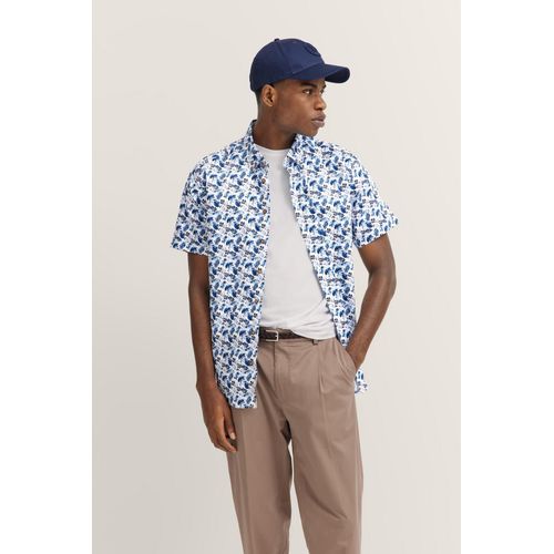 Kurzarmhemd BUGATTI, Herren, Gr. XXL, Normalgrößen, 340, blaugrau, 100% Baumwolle, geblümt, casual, normal, Kurzarm, Hemden, aus Satin-Twill