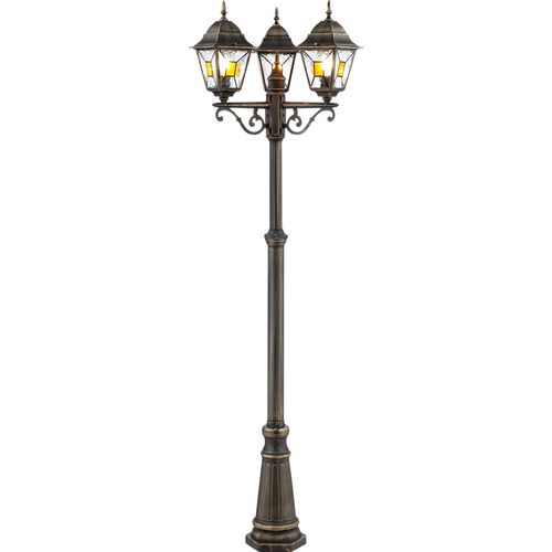 BRILLIANT rustikale Außenstandleuchte JANEL | schwarz/gold | dreiflammiger Kandelaber | IP44 | 3x E27 Fassung max. 60W | mit geeignetem Leuchtmittel dimmbar | Metall/Glas