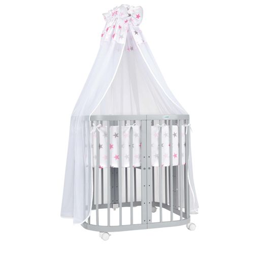 Mobiles Babybett aus Holz 7in1 mit Matratze, mitwachsend,Stoffe Sterne pink,Holz grau