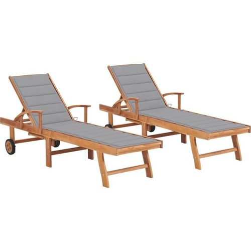 Sonnenliegen 2 Stk. mit Auflagen Grau Massivholz Teak