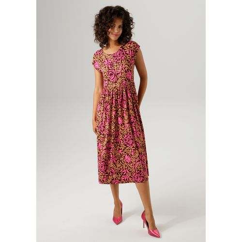 Sommerkleid ANISTON CASUAL, Damen, Gr. 38, N-Gr, bunt (dunkelbraun, beige, pink), Single Jersey, Obermaterial: 95% Viskose, 5% Elasthan, bedruckt, geblümt, modisch, figurumspielend wadenlang, Rundhals, Kleider, mit farbharmonischem, grafischen Rosendruck - NEUE KOLLEKTION