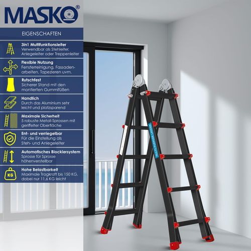 MASKO® Aluleiter Mehrzweckleiter 5,10m 4x5 Sprossen Teleskopleiter ? Multifunktionsleiter ? Aluleiter ? Klappleiter ? Anlegeleiter ? Bockleiter ? Schiebeleiter ? beidseitige Steh und Treppenleiter
