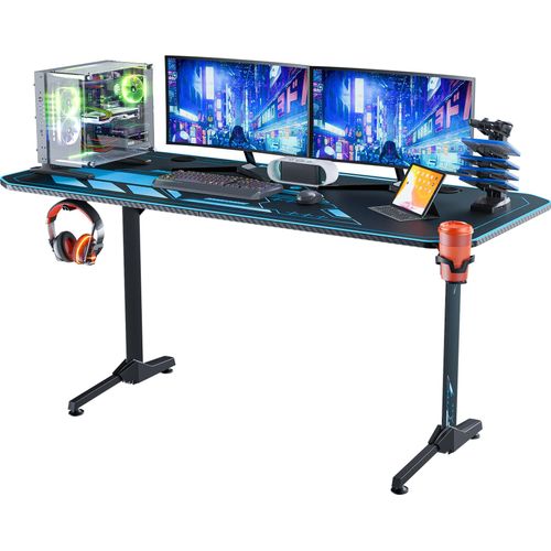 Gaming Tisch 160cm, ergonomischer T-Form Computertisch mit großer Mauspad, Schreibtisch Holz 160x75x75cm, mit Becherhalter, Kopfhörerhaken, Gaming Griffgestell, Kabelführungslöcher