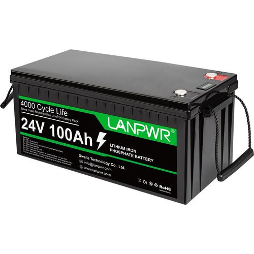 LANPWR 24V 100Ah LiFePO4 Lithium-Akkupack, Notstromversorgung, 2560 Wh , 4000+ Tiefentladezyklen, integriertes 100A BMS, 100 %DOD, Serie/Parallel