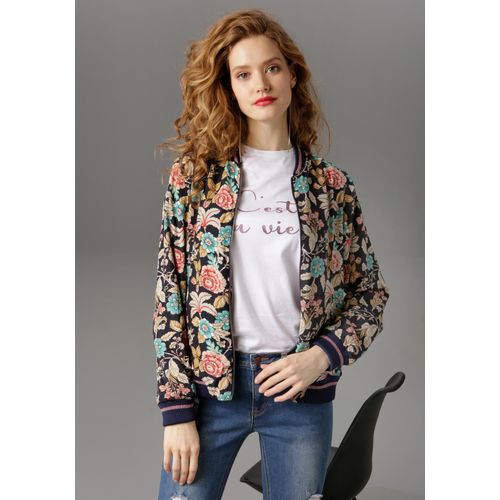 Blouson ANISTON CASUAL, Damen, Gr. 46, bunt (marine, sand, dunkelbeige, grün, rot), Cru00eape, Web, Obermaterial: 100% Polyester. Futter: 100% Polyester, geblümt, bedruckt, modisch, figurumspielend hüftlang, Langarm Rippbündchen kontrastfarben, Jacken Blousonjacke, mit Blumendruck