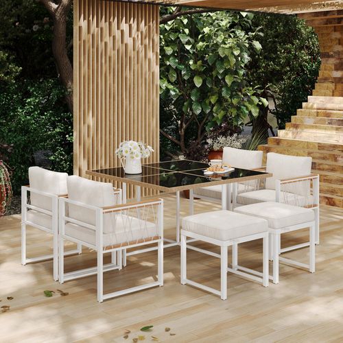 STILVORA Garten Lounge Set Balkonmöbel-7er-Set für 6 Personen,Sitzgruppe aus Akazieholz mit Sitzkissen und Rückenkissen,Holzfarbe+ Weiß