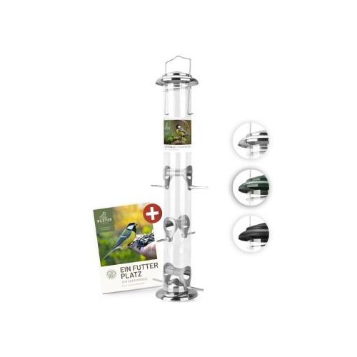 wildtier liebe Futtersäule für Samen, Körner & Kerne 52cm, Silber