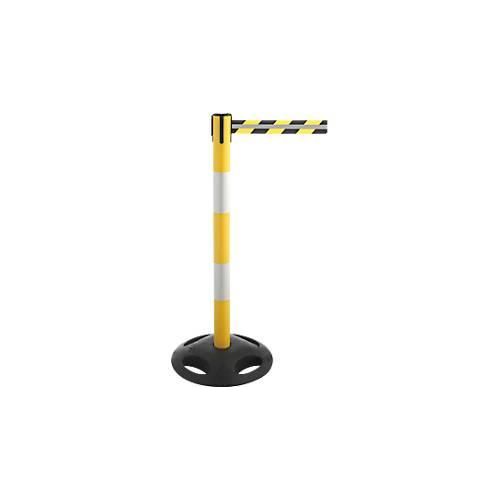 Absperrpfosten RS-Guidesystems® GLA 25, gelb-weiß, Gurtband gelb-schwarz/reflektierend, ausziehbar bis 3,5 m, Ø 410 x H 1000 mm, Gummi & Kunststoff, 1 Stück