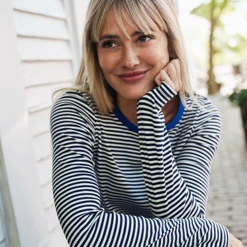 Langarmshirt aus mikrofeinem Baumwollripp, Damen,  Blau, Baumwolle/Elasthan, by Lands' End