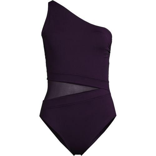 One-Shoulder Badeanzug, leicht straffend, mit Netz-Detail, Damen,  Lila, Elasthan/Nylon-Mischung, by Lands' End