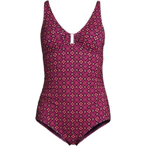 Badeanzug mit Ringdetail und V-Ausschnitt, Damen,  Lila, Nylon-Mischung, by Lands' End
