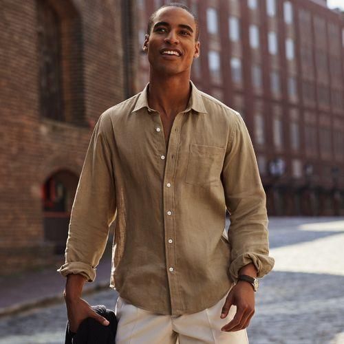 Leinenhemd mit langen Ärmeln, Herren,  Beige, Leinen, by Lands' End
