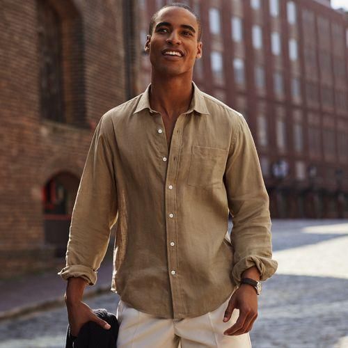 Leinenhemd mit langen Ärmeln, Herren,  Beige, Leinen, by Lands' End