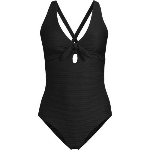 Gerippter Badeanzug mit Schnürung am Rücken, hohes Bein, Damen,  Schwarz, Elasthan/Nylon-Mischung, by Lands' End