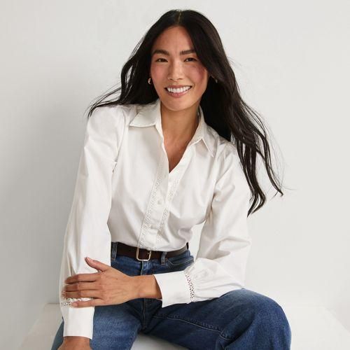 Bluse mit Häkelborte aus Baumwolle, Damen,  Weiß, Baumwolle, by Lands' End