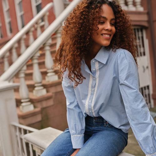 Bluse mit Häkelborte aus Baumwolle, Damen,  Blau, Baumwolle, by Lands' End