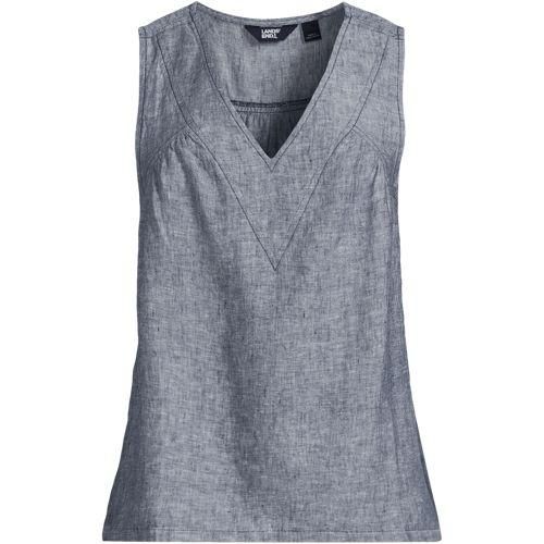 Leinen-Top mit V-Ausschnitt, Damen,  Blau, Leinen, by Lands' End
