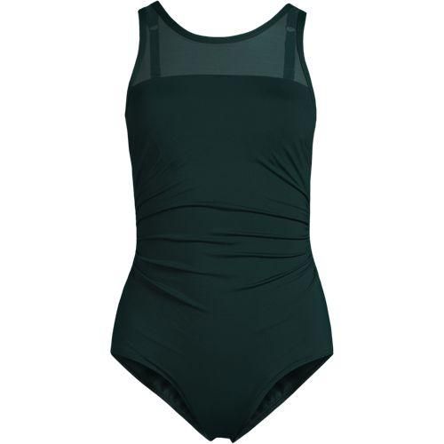 Badeanzug mit Netz-Detail, hoher Halsausschnitt, Damen,  Grün, Elasthan/Nylon-Mischung, by Lands' End