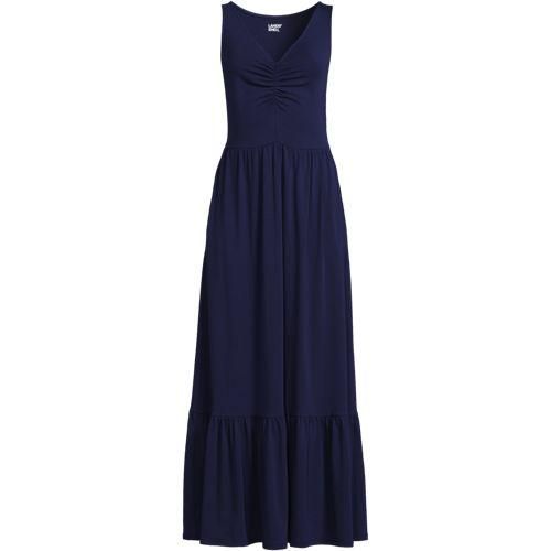 Maxikleid aus Baumwolle/Modal-Mix mit V-Ausschnitt, Damen,  Blau, Elasthan/Baumwoll-Mischung/Baumwolle Modal, by Lands' End