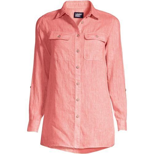 Leinen-Hemdbluse im Worker-Stil, Damen,  Orange, Leinen, by Lands' End