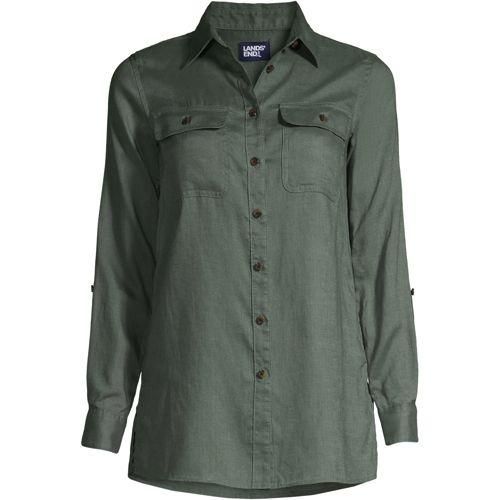 Leinen-Hemdbluse im Worker-Stil, Damen,  Grün, Leinen, by Lands' End