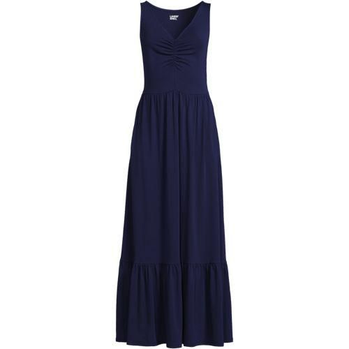 Maxikleid aus Baumwolle/Modal-Mix mit V-Ausschnitt, Damen,  Blau, Elasthan/Baumwoll-Mischung/Baumwolle Modal, by Lands' End