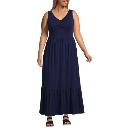 Maxikleid aus Baumwolle/Modal-Mix mit V-Ausschnitt, Damen,  Blau, Elasthan/Baumwoll-Mischung/Baumwolle Modal, by Lands' End