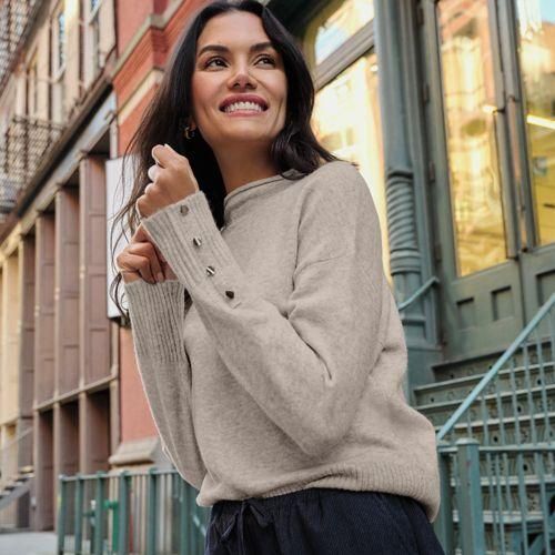 Soft Touch Stehkragenpullover mit Ärmelknöpfen, Damen,  Beige, Polyacryl/Woll-Mischung/Nylon-Mischung, by Lands' End