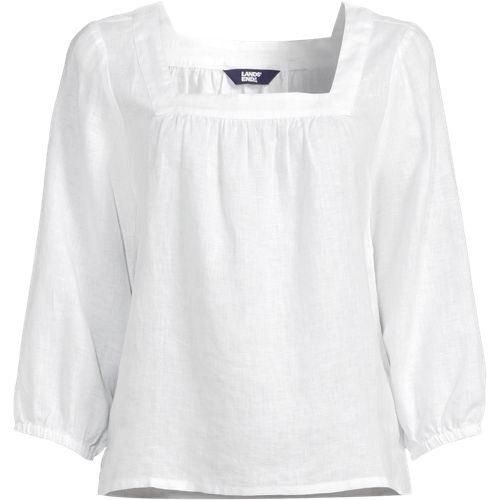 Leinen-Bauernbluse mit 3/4-Ärmeln, Damen,  Weiß, Leinen, by Lands' End