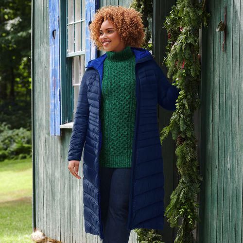 Maxi-Daunenmantel WANDERWEIGHT Verstaubar Ultraleicht mit Kapuze, Damen,  Blau, Nylon/Entendaunen, by Lands' End