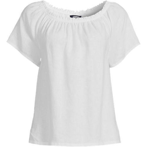 Leinen-Shirt mit gerafftem Ausschnitt, Damen,  Weiß, Leinen, by Lands' End