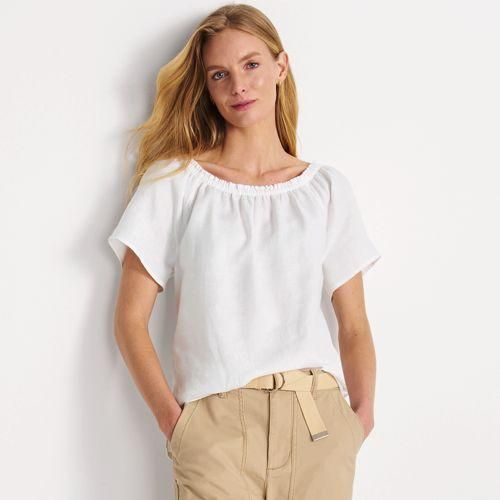 Leinen-Shirt mit gerafftem Ausschnitt, Damen,  Weiß, Leinen, by Lands' End