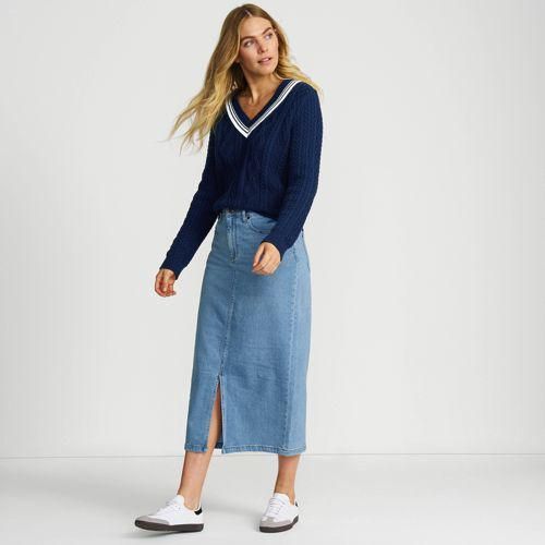 Soft Denim Bleistift-Midirock, Damen,  Blau, Elasthan/Baumwoll-Mischung, by Lands' End