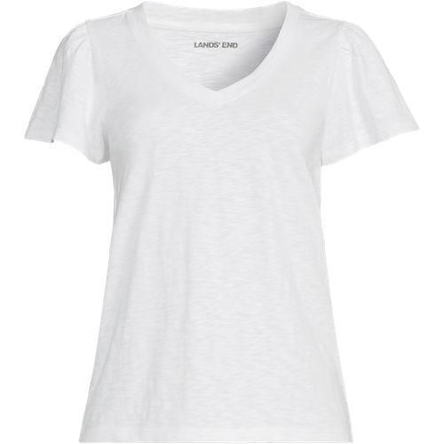Shirt mit kurzen Flatterärmeln und V-Ausschnitt, Damen,  Weiß, Baumwolle, by Lands' End