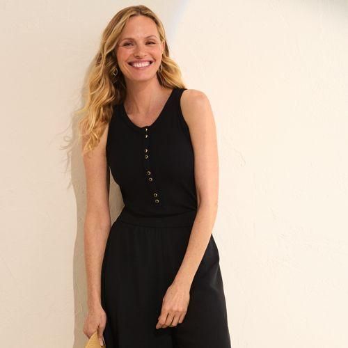 Ärmelloses Henley-Shirt, Damen,  Schwarz, Elasthan/Kunstseide/Viskose, by Lands' End