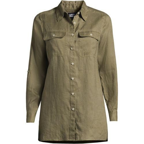 Leinen-Hemdbluse im Worker-Stil, Damen,  Grün, Leinen, by Lands' End
