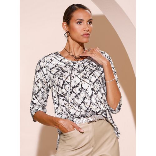 Druckbluse CREATION L, Damen, Gr. 36, schwarz (ecru, schwarz, bedruckt), 100% Viskose, gemustert, Rundhals, Blusen Druckbluse