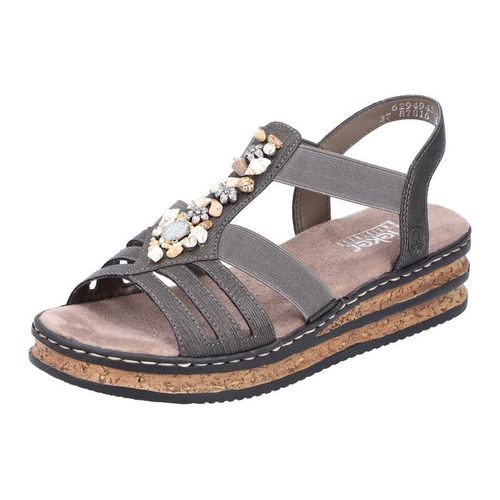 Riemchensandale RIEKER, Damen, Gr. 37, grau, Lederimitat, feminin, Schuhe, Sommerschuh, Sandalette, Keilabsatz, mit Schmucksteinen besetzt