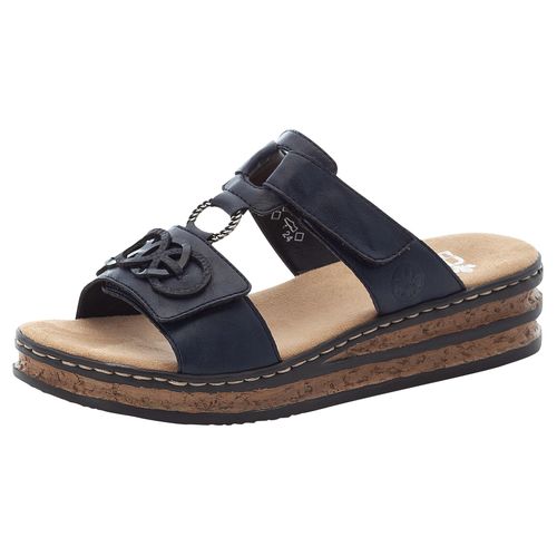 Pantolette RIEKER, Damen, Gr. 39, blau (nachtblau), Lederimitat, Lacklederimitat, unifarben, klassisch, Schuhe, Plateau, Sommerschuh, Schlappen mit Schmuckelementen, Topseller