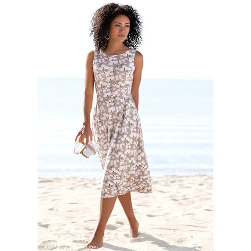 Midikleid BEACHTIME, Damen, Gr. 34, N-Gr, beige (beige, creme, bedruckt), Jersey, Obermaterial: 70% Viskose, 25% Polyester, 5% Elasthan, bedruckt, geblümt, modisch, figurumspielend ca. Mitte Wade, Rundhals, ohne Ärmel, Kleider, mit Blumendruck, aus Jersey, A-Linien-Kleid, Topseller