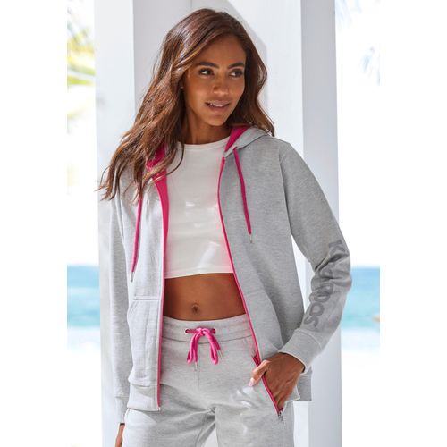 Sweatjacke KANGAROOS, Damen, Gr. 48/50, grau, Single Jersey, Obermaterial: 60% Baumwolle, 40% Polyester, meliert, bedruckt, kontrastfarbene Details, sportlich, bequem hüftbedeckend, Langarm Rippbündchen, Sweatjacken, mit kontrastfarbenen Details, Loungewear