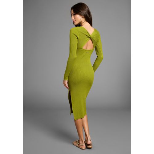 Strickkleid LAURA SCOTT, Damen, Gr. 46, N-Gr, grün (olive), Rippstrick, Obermaterial: 70% Viskose, 30% Polyamid, unifarben, feminin, figurbetont knielang, Rundhals, Langarm, Kleider, mit stilvollem Knotendetail