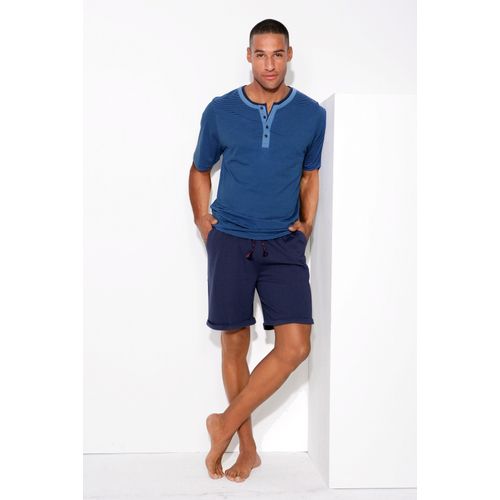 Pyjama AUTHENTIC LE JOGGER, Herren, Gr. 56/58 (XL), blau (blau, gestreift, marine), Jersey, Obermaterial: 100% Baumwolle, gestreift, Basic, bequem kurz, Rundhals, Kurzarm abgesteppte Kante, Homewear-Sets, Schlafanzug mit aufwendigem Ausschnitt und Knopfleiste