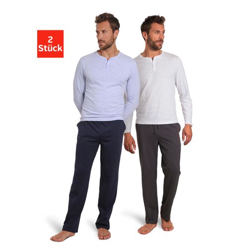 Pyjama AUTHENTIC LE JOGGER, Herren, Gr. 60/62 (XXL), blau (blau, navy, weiß, grau), Jersey, Obermaterial: 100% Baumwolle, unifarben, Basic, normal lang, Rundhals, Langarm abgesteppte Kante, Homewear-Sets, Schlafanzug mit Knopfleiste, Shirt aus strukturierter Baumwolle