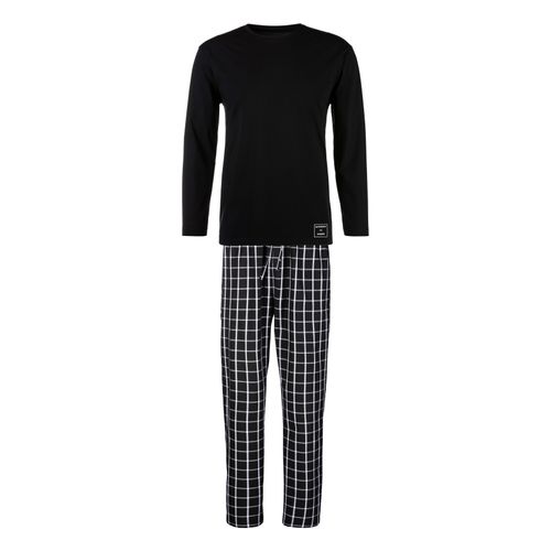 Pyjama AUTHENTIC LE JOGGER, Herren, Gr. 48/50 (M), schwarz (schwarz, kariert), Jersey, Webqualität, Obermaterial: 100% Baumwolle. Obermaterial Hose: 100% Baumwolle, kariert, Basic, bequem lang, Rundhals, Langarm abgesteppte Kante, Homewear-Sets, Schlafanzug mit karierter Webhose