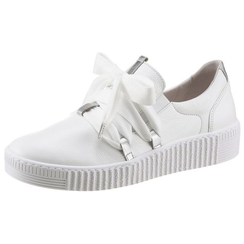 Slip-On Sneaker GABOR, Damen, Gr. 42, silber (weiß, silberfarben), Kalbsleder, kontrastfarbene Details, sportlich, Schuhe, Schnürschuh, Halbschuh, Slipper mit aufgesetzter Zierschnürung