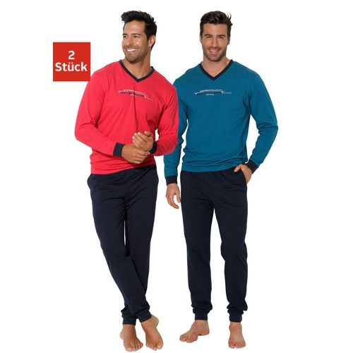 Pyjama AUTHENTIC LE JOGGER, Herren, Gr. 52/54 (L), bunt (petrol, navy, rot, navy), Jersey, Obermaterial: 100% Baumwolle, unifarben, Basic, A-Linie lang, V-Ausschnitt, Langarm angesetztes Bündchen, Homewear-Sets, Schlafanzug mit Frontprint